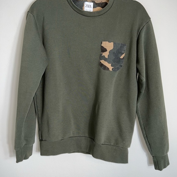 Zara Pullover Sweatshirt-Olive Army Green-Camo Pocket-Small - Picture 1 of 5